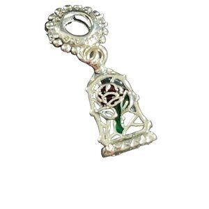 Disney Beauty Beast Dangling Charm Glass Rose Belle Princess Bracelet Silver